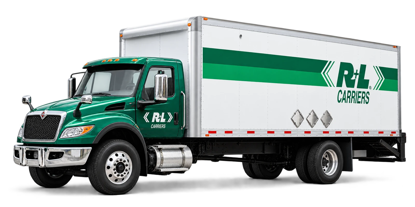Photo-inspired 3D illustration of an R+L Carriers truck with a green cab and white freight box