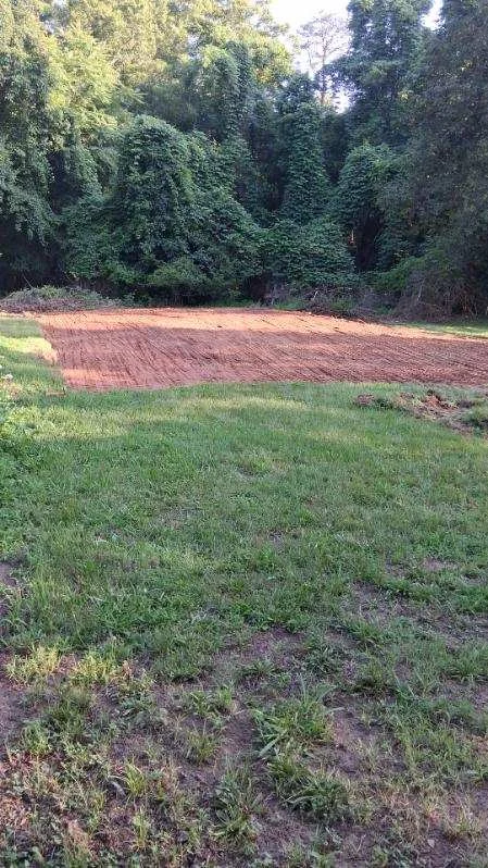 Wide view of the rough-graded above-ground pool area beside the tree line in Stoneville