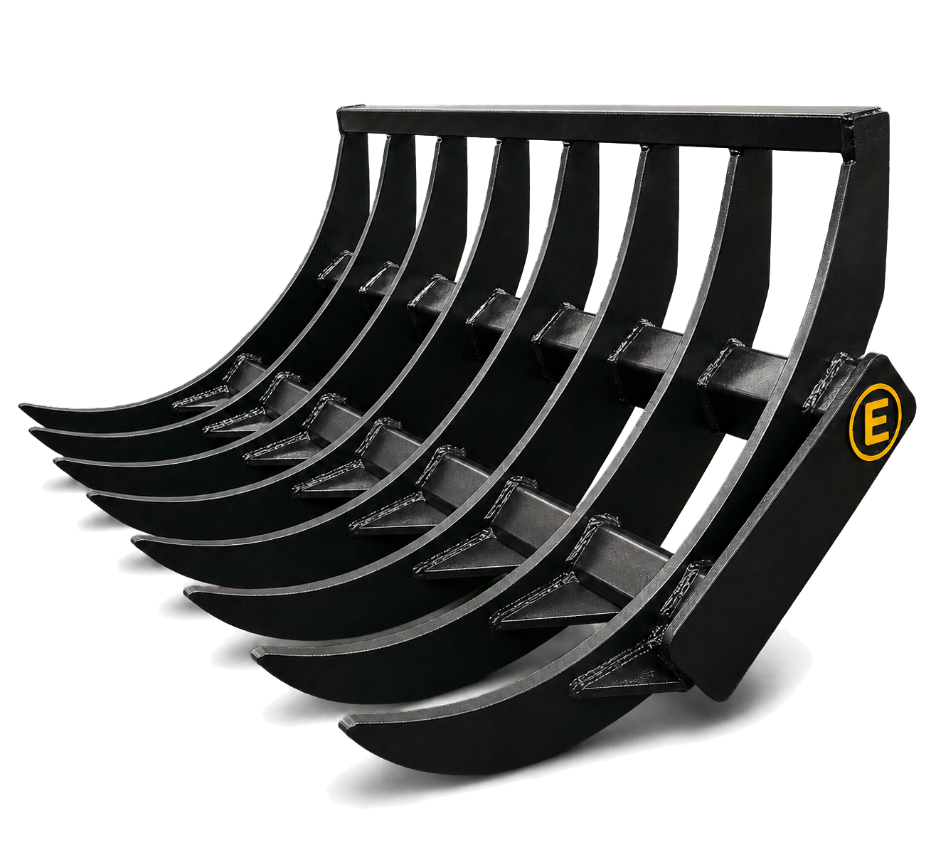 East Attachments pin-mounted loader rake in black paint