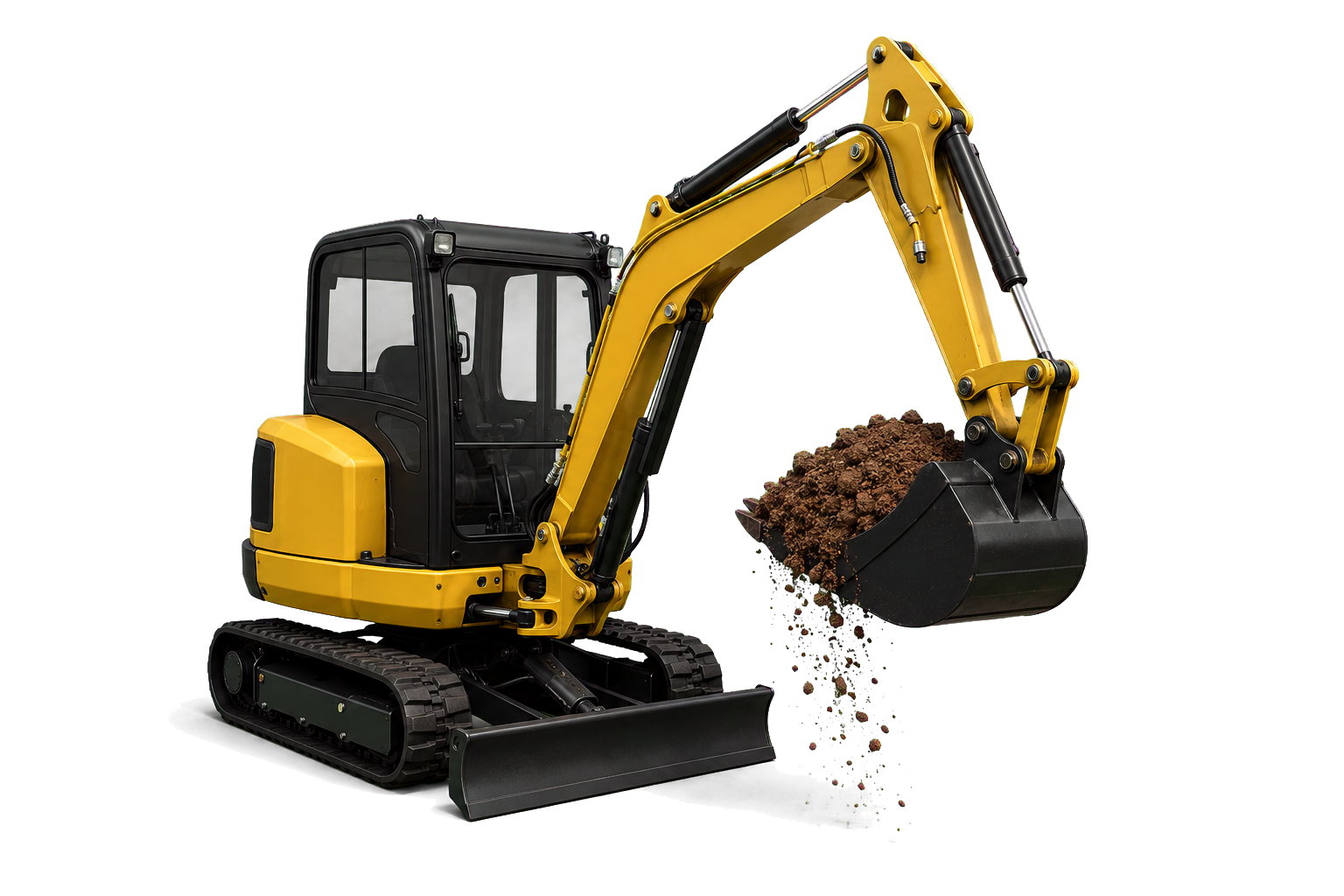 3D mini excavator lifting a bucket of dirt
